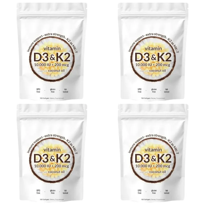 Vitamin D3 K2 Softgels with MK-7 and Coconut Oil 10 000 IU + 200 Mcg Adult Bone and Immune Wellness Support 180 Mini Softgels