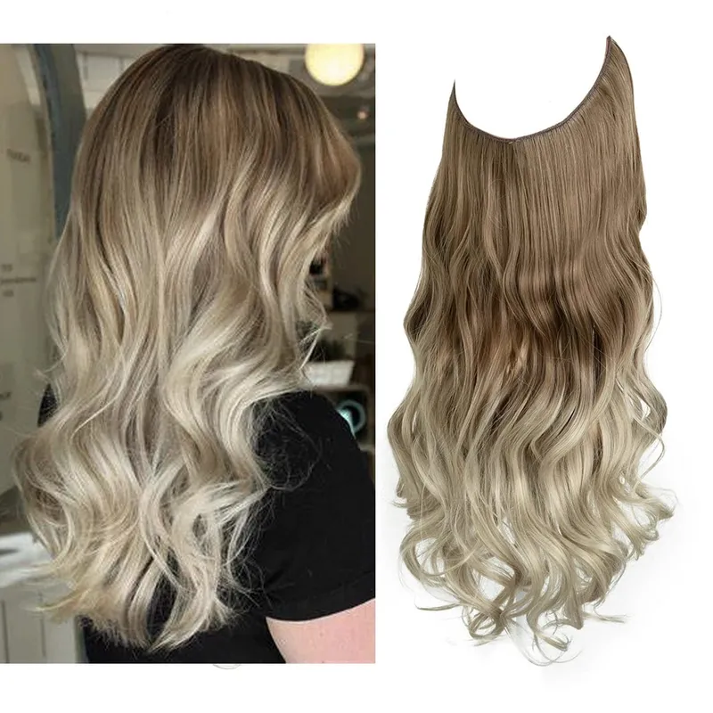 Sintético sem clipes na extensão do cabelo natural ombre preto loiro rosa uma peça onda longa fio invisível falso pedaço de cabelo