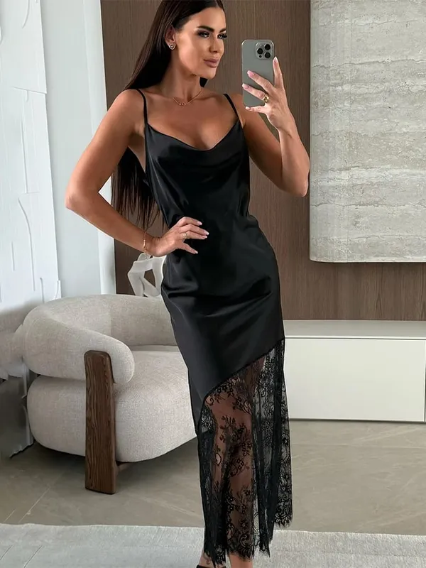 Trendix Hollow Out Lace Dress Women 2025 Winter Sexy V Neck Sleeveless Spaghetti Strap Dresses Party Club Elegant Evening Dress