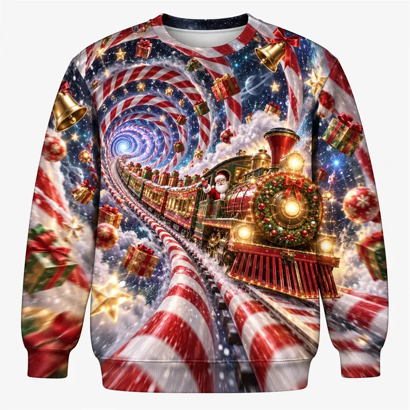 Christmas Fantasy Sweatshirt Train Castle Carousel Angel Polar Bear Crewneck Xmas Pullover Holiday Party Streetwear Gift Top