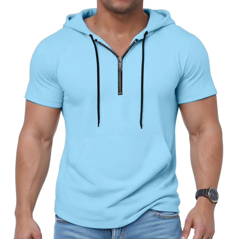 Hoodies casuais de manga curta masculina moda esportes metade zip cordão moletom mostrar mais forte solto respirável fitness hoodies — image 11