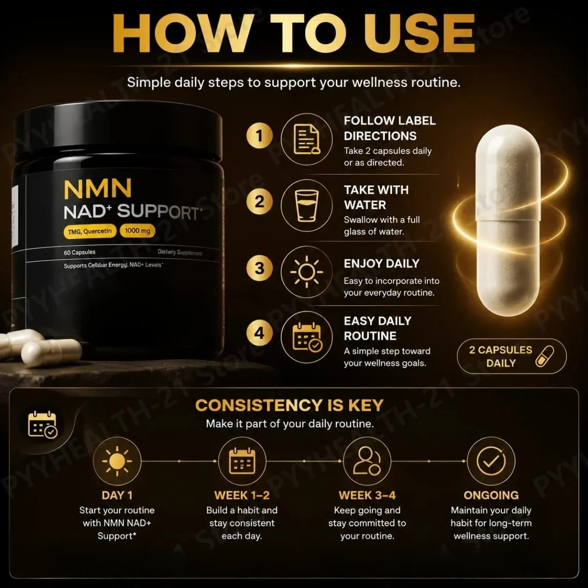 NMN NAD+ Support Capsules 1000mg Supports Cellular Energy Cognitive Health NAD+ Levels with TMG Quercetin 60 Capsules Adults