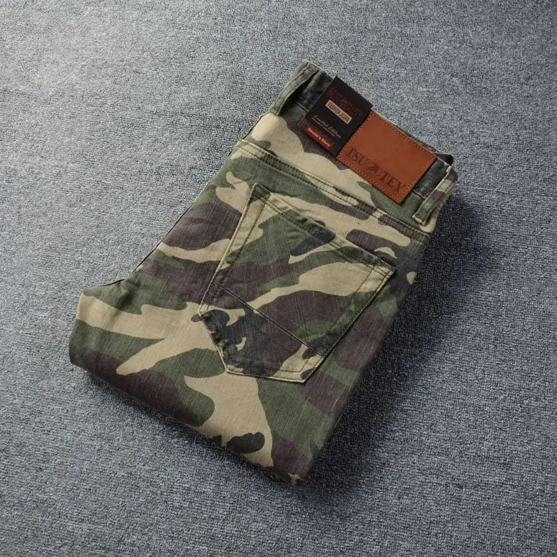 Designer Fashion Men Jeans High Quality Camo Stretch Slim Fit Vintage Jeans Men Side Pocket Spliced ​​Hip Hop Denim Pencil Pants