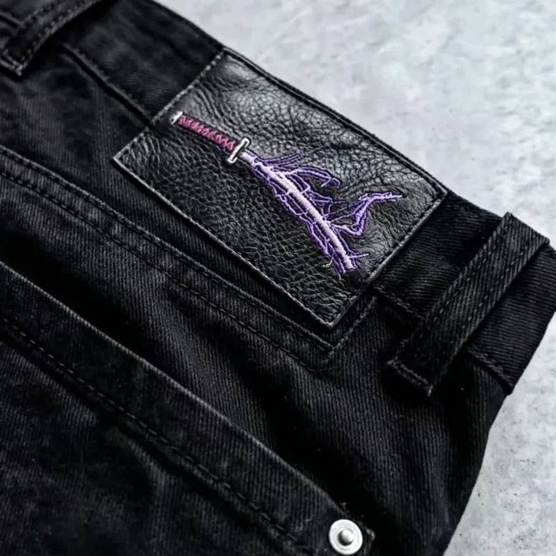 Jeans pour hommes broderie lourde Streetwear pantalon en jean Harajuku unisexe coupe ample jambe large Anime jambe droite noir décontracté mode — image 4