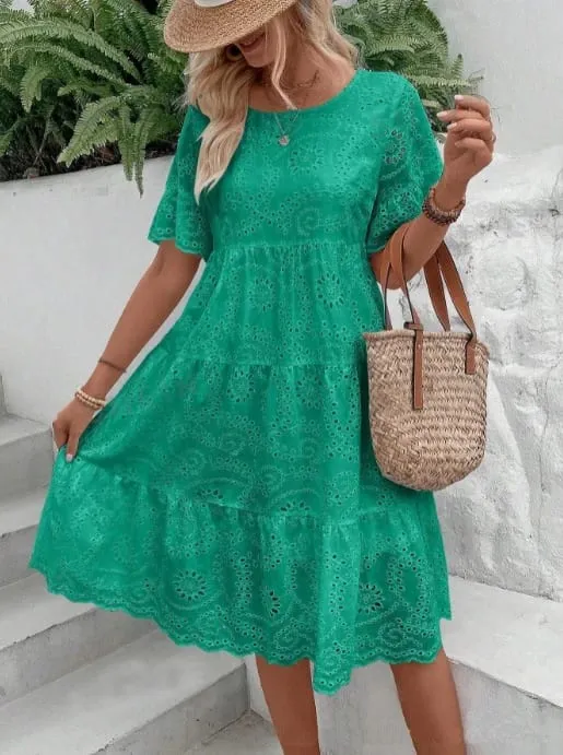 Women's White Eyelet Embroidery Midi Dress Hollow-out Boho Flowy Ruffle Tiered Dress Casual Short Sleeve Summer Beach Dresses