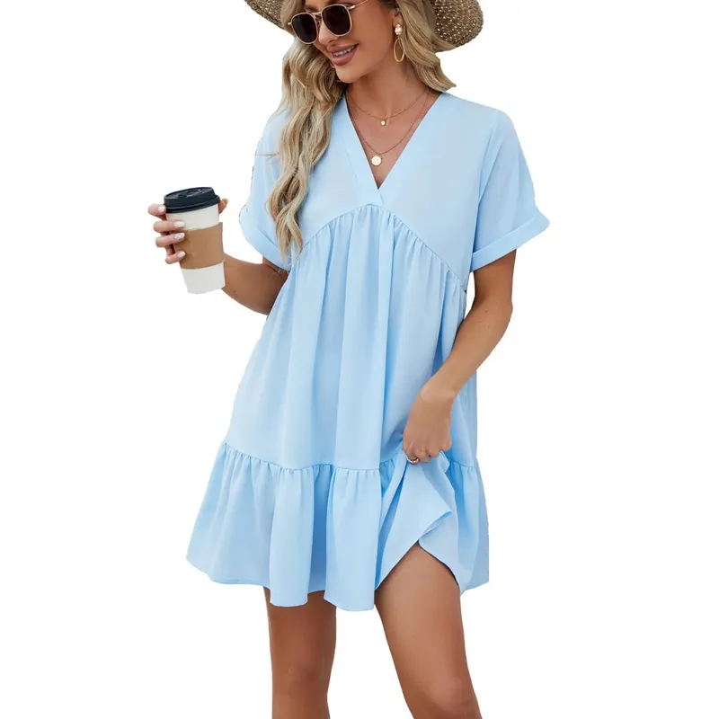 Summer White Dress V Neck Short Sleeve Loose Fit Dresses Pleated Midi A Line Pastel Pink Women's Casual Summer Woman Clothing