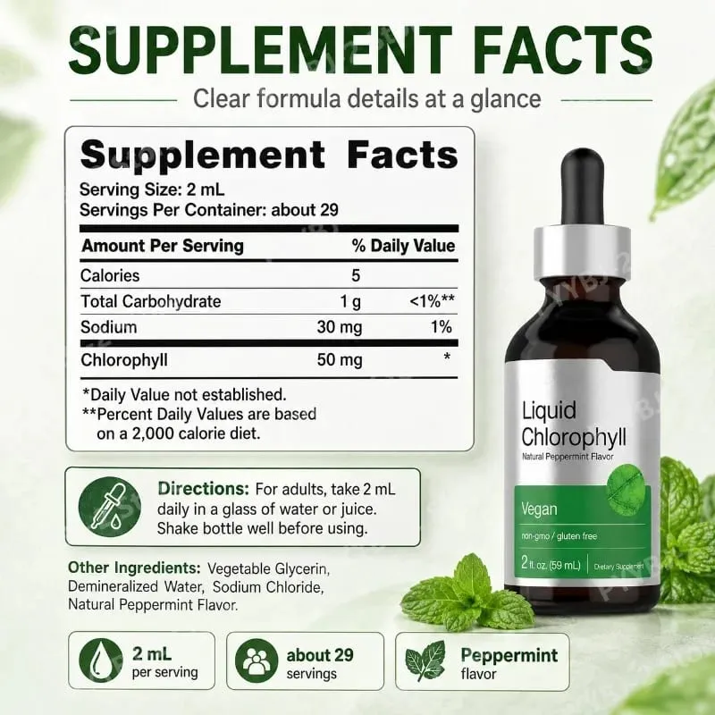 Chlorophyll Liquid Drops Mint Flavor 59ml with Herbal Plant Extract Natural Dietary Supplement Mix with Water for Consumption