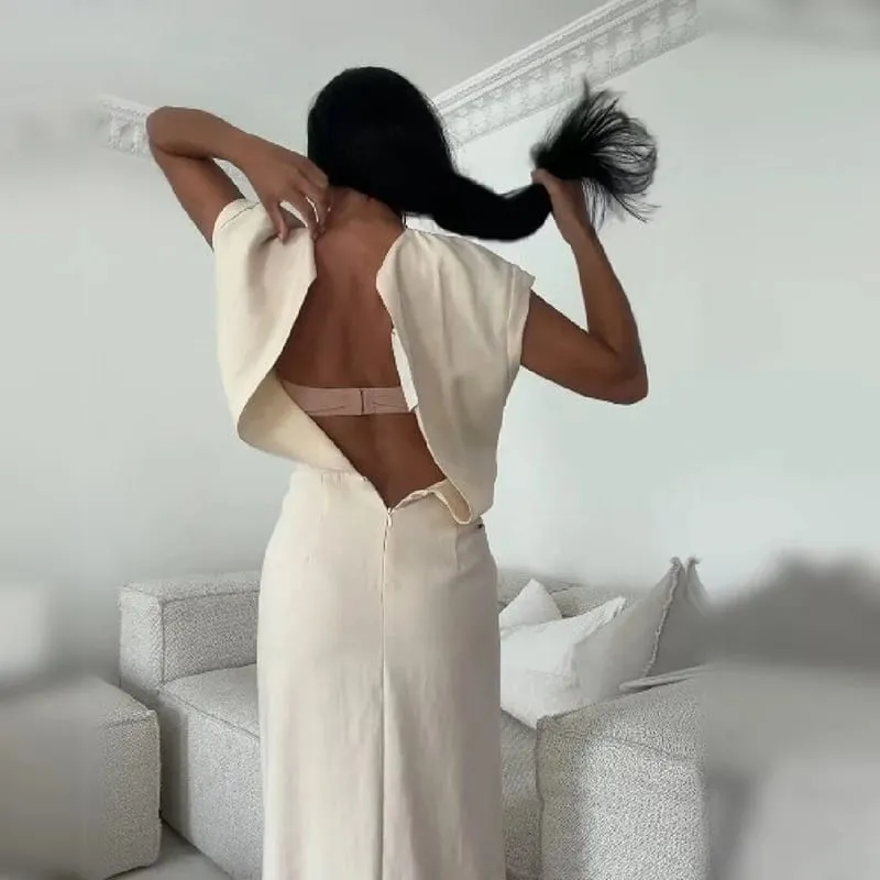 Elegant Beige Cap Sleeve Midi Dress Women Chic Round Neck Ruched Waist Ruffle High Slit Casual Gown Formal Office Party Dresses