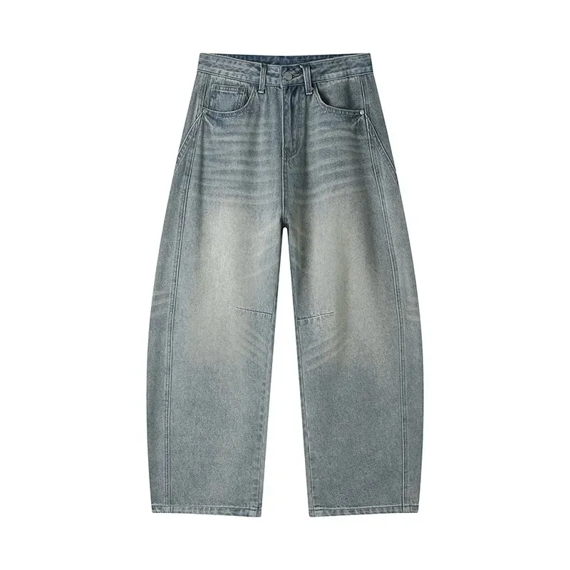 Men 2026 New American Curved Cut Jeans Fall Winter High Street Washed Whiskering Wide Leg Vintage Loose Denim Trousers