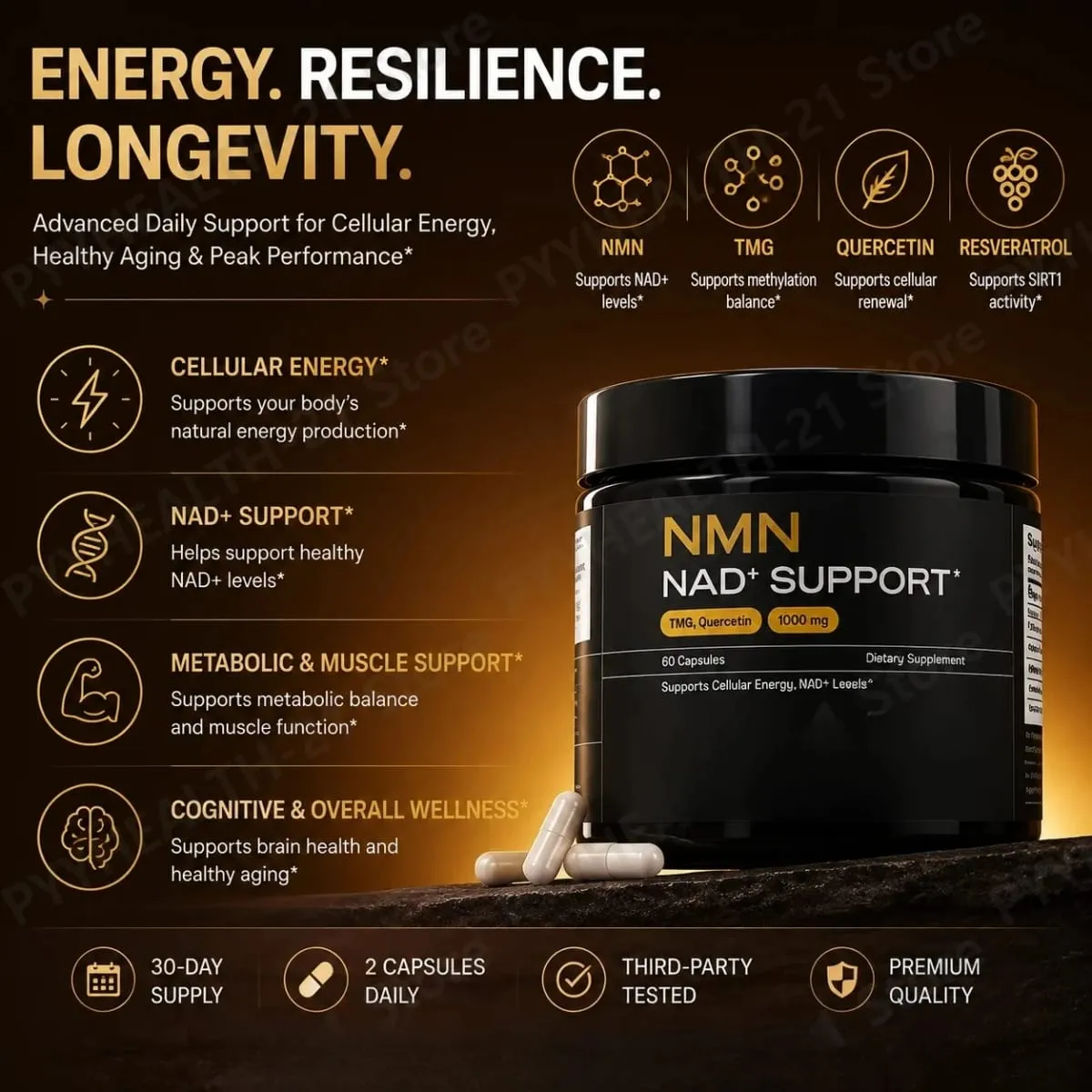NMN NAD+ Support Capsules 1000mg Supports Cellular Energy Cognitive Health NAD+ Levels with TMG Quercetin 60 Capsules Adults