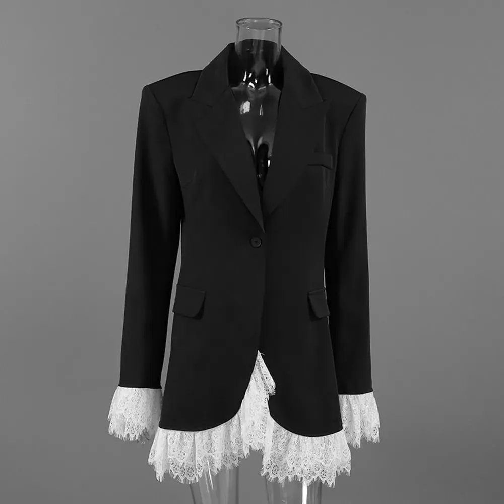 2026 Autumn New Sexy V-Neck Lace Patchwork Black Dress Elegant Temperament Long Sleeve Blazer Short Dresses Women Clothing