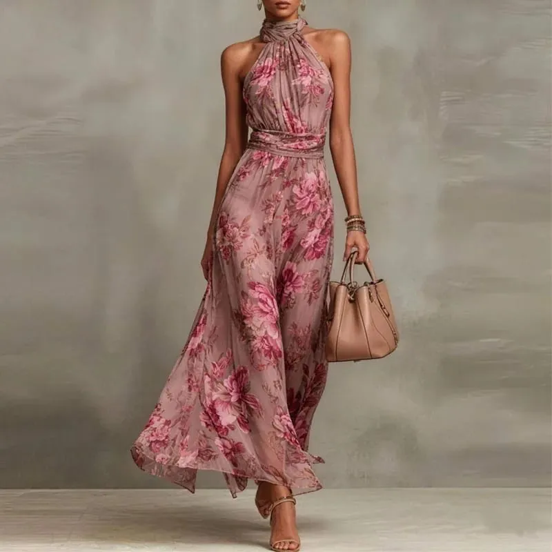 Elegant Halter Off Shoulder Hollow Party Woman Retro Floral Print Chiffon Long Vintage Boho Sleeveless Summer Beach Dresses