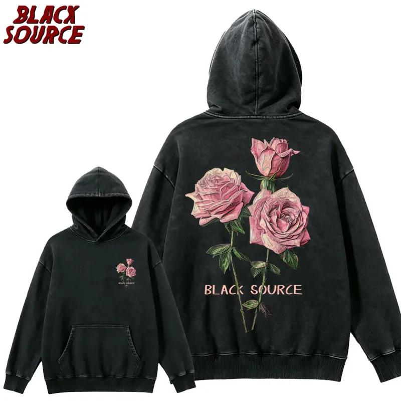 MP630 Hip Hop Men's Streetwear Retro Vintage Washed Anime Graphic Hoodie, Harajuku Casual Pullover Sweatshirt, Rose