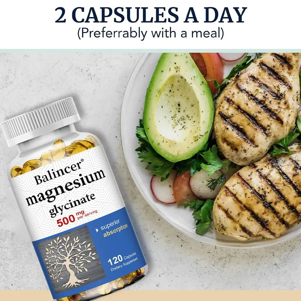 Magnesium Glycinate 500 Mg - 30/60/120 Capsules High Absorption Dietary Supplement for Sleep Heart & Muscles Health NON-GMO