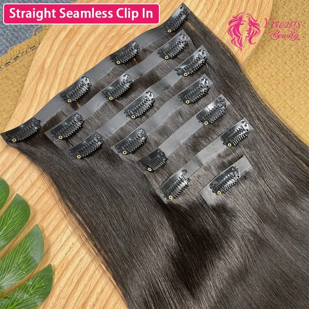15A Seamless Invisible PU Clip in Hair Extensions Human Hair Natural Black Straight 100% Raw Virgin Human Hair 100g 7Pcs/Set