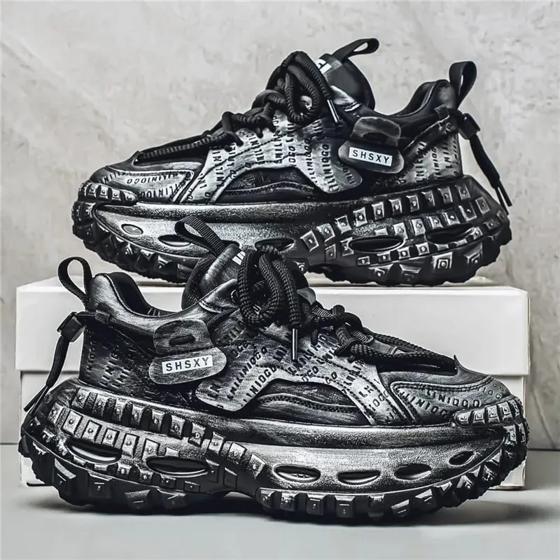 Men's Casual Sneakers with a Patchwork Upper Thick Jute Laces and a Tire-Like Serrated Sole for Added Height and Anti-Slip Grip Making Them Eye-Catching and Suitable for Various Outfits Including Street Wear and Everyday Casual Wear.