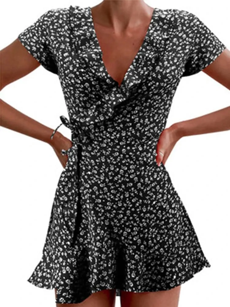 Sommar Dam Floal A-Line Klänning Söt Elegant Blommig Volanger V-ringad Bandage Kort Klänning för Lady Chic Flowers Miniklänning