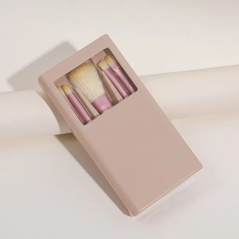 Portable Mini Makeup Brush Set with Mirror Case 5Pcs Travel Makeup Brushes for Foundation Eyeshadow Concealer