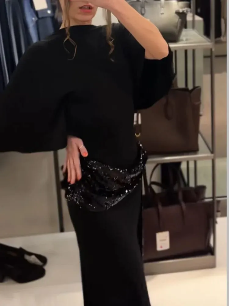 Sequin Patchwork Backless Dress Women Elegant Solid Middle Sleeve Cinched-waist Slim Long Dresses Fashion Evening Party Vestidos