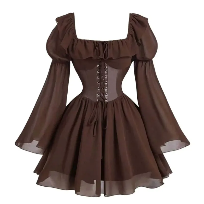 Renaissance Period Medieval New Long Sleeved Women's Bubble Sleeve Dress Halloween Fashion Retro New Party Waist Cinched Skirt