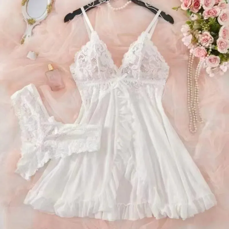 A Set Of Woman Underwear Nightgown Thong Sets Plus Size Suspender Lace Lingerie Sexy Accessories Erotic Bra Nightdress
