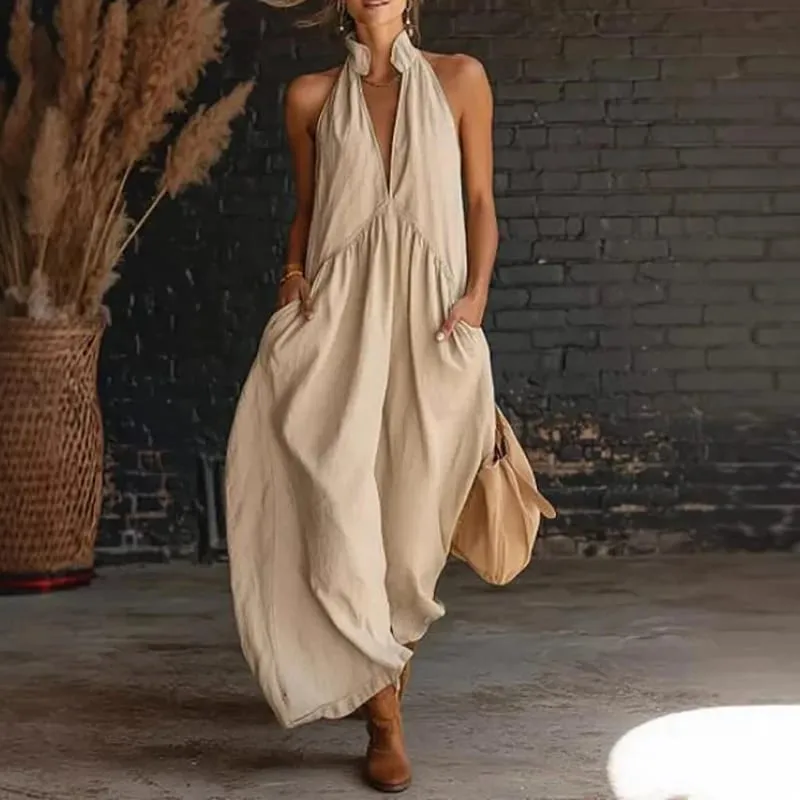 Summer Women Elegant Dress V Neck Sleeveless Pocket Loose Street Style Long Dresses For Women Casual Beach Holiday Maxi Dress