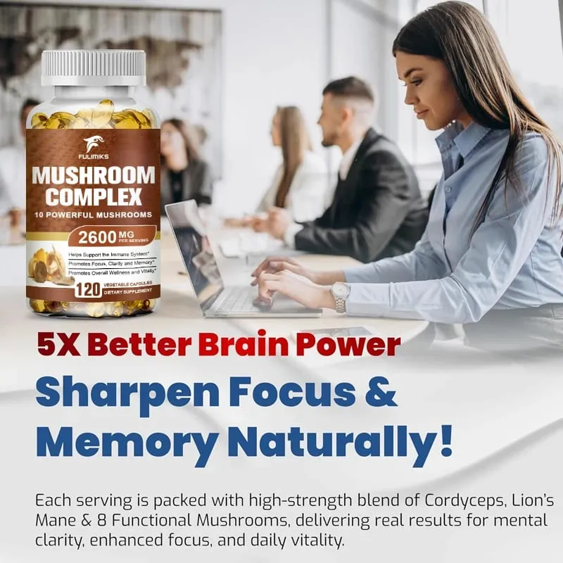 Organic Mushroom Capsules 2600MG with Lion's Mane Reishi & Cordyceps Supports Immunity Brain Focus Memory & Energy