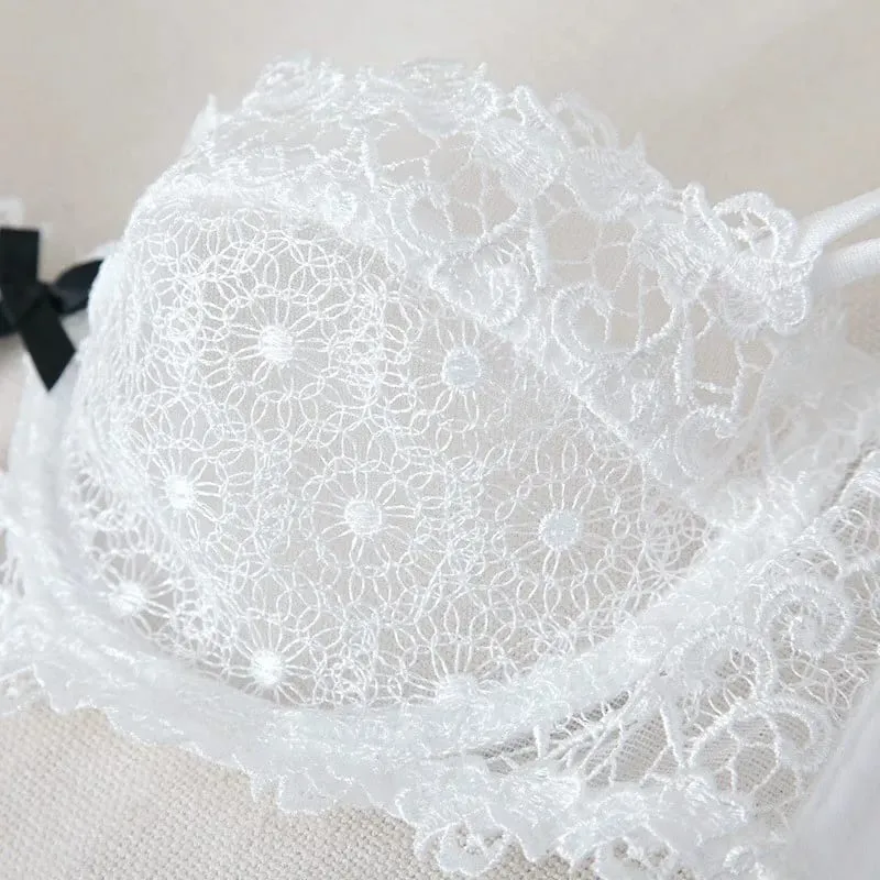 Sutiãs femininos de renda sexy de alta qualidade e breve conjunto de duas peças push up A B C D meio copo fio lingerie de verão preto azul vermelho