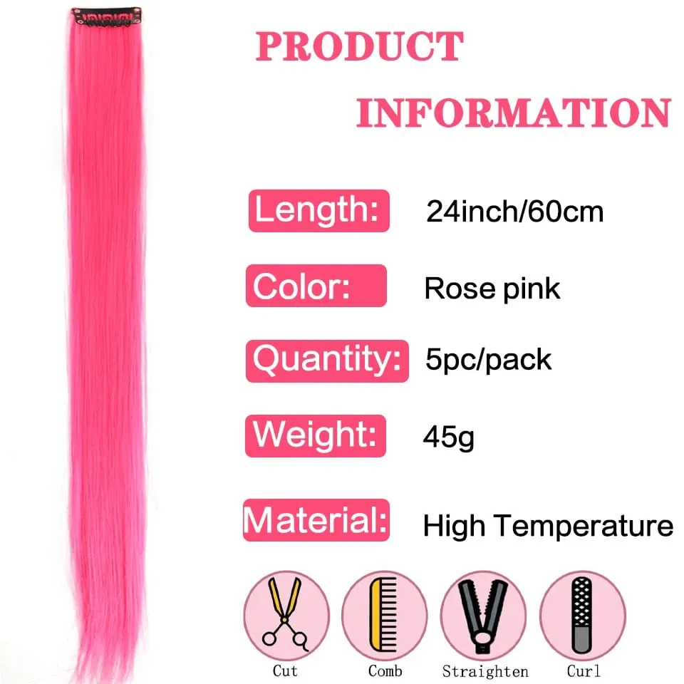 5PCS Long Straight Synthetic Purple Orange heat-resistant Hair Extensions Clip in 24 Inch Colored Party Highlights Hairpieces fo
