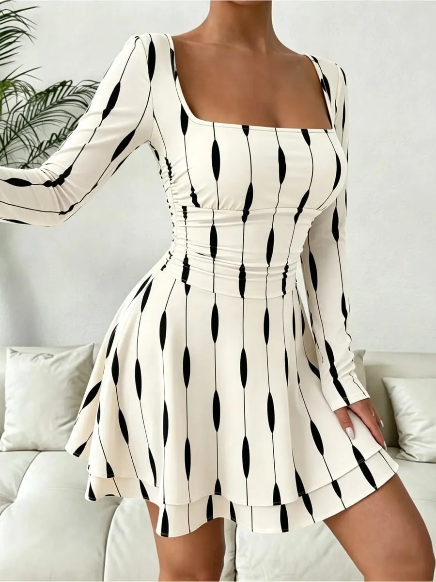 Autumn Geometric Print Mini Dress Women's Sexy Square Neck Long Sleeve Waist Cinched A-Line Skirt Length Fashionable