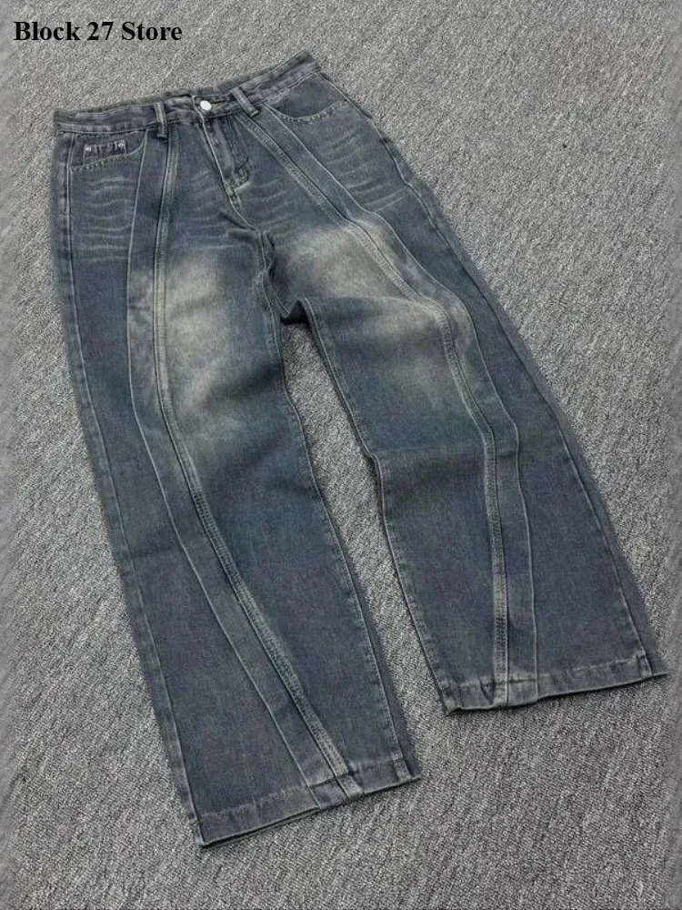 Calças de brim dos homens americano vintage streetwear azul escuro perna larga denim calças retalhos ponto contraste lavado solto ajuste retro moda