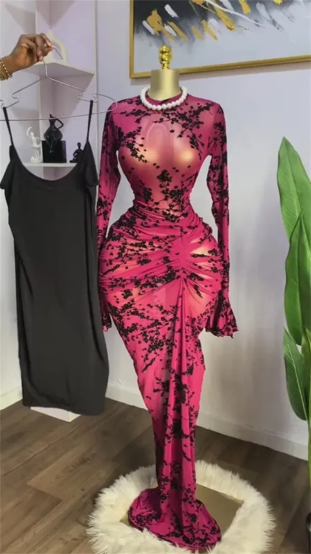 CM.YAYA Women Long Sleeve Stacked Mesh See Though with Lining Bodycon Long Dress 2025 Autumn Evening Birthday Sexy Party Dresses