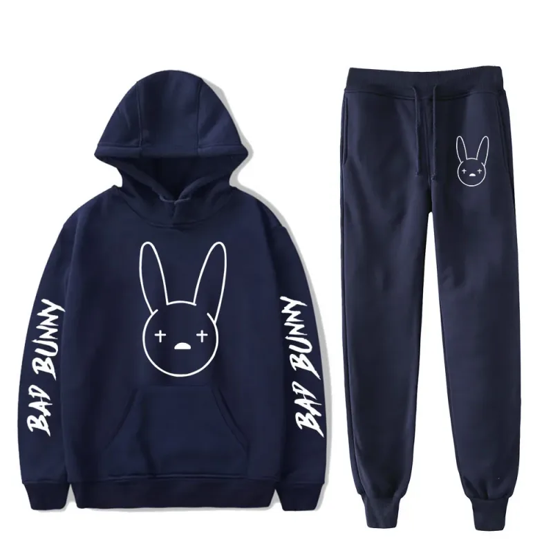 Harajuku Comfortable Funny bad bunny Print Sweatshirt Sweatpants Suit Men/Women Hoodies+ Trousers Suit Cute 2 Piece Set Clothes