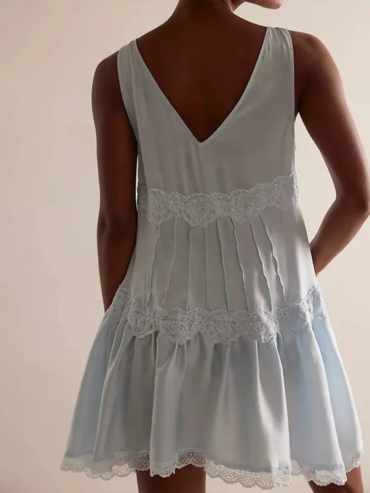 Women's A-Line Dress V-Neck Sleeveless Lace Trim Tiered Flared Casual Daily Wear Dress Stylish Ladies Frock — image 7