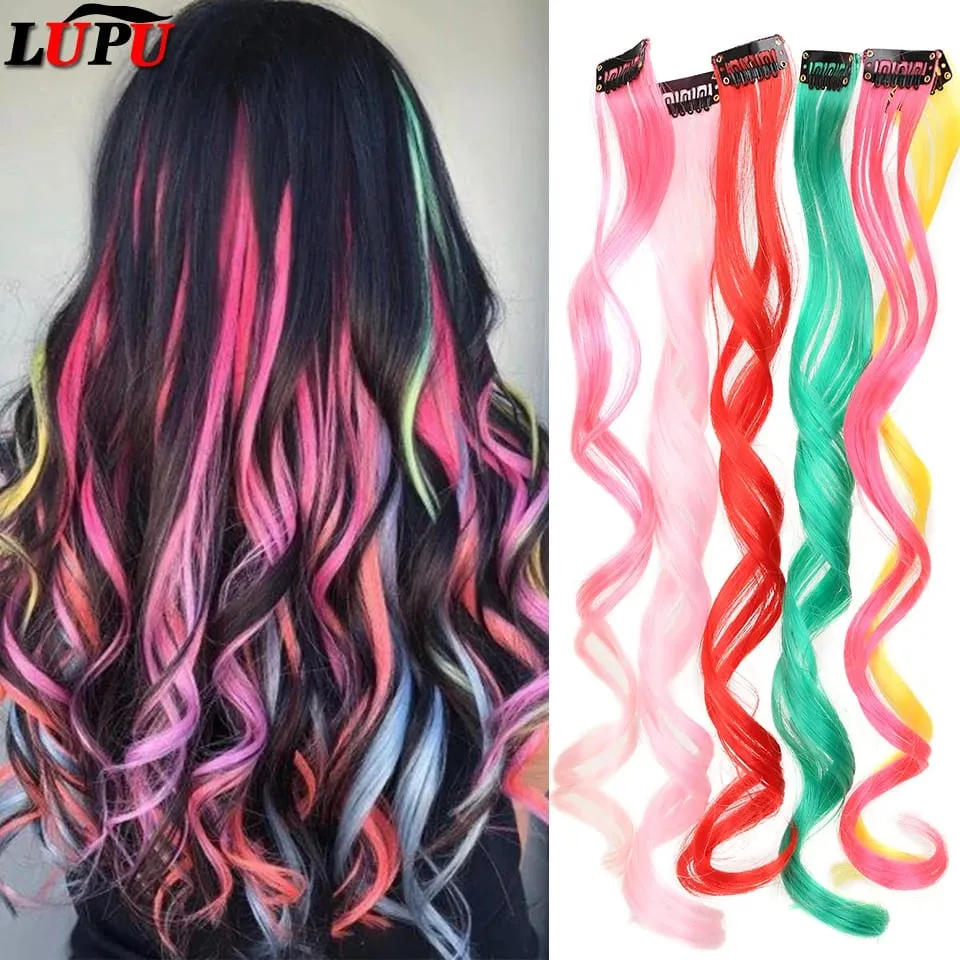 Sambungan Rambut Sintetik Dengan Satu Klip Sekeping Rambut Pelangi Tahan Panas Untuk Kanak-kanak Wanita Rambut Berwarna-warni Gaya Beralun Kerinting Panjang