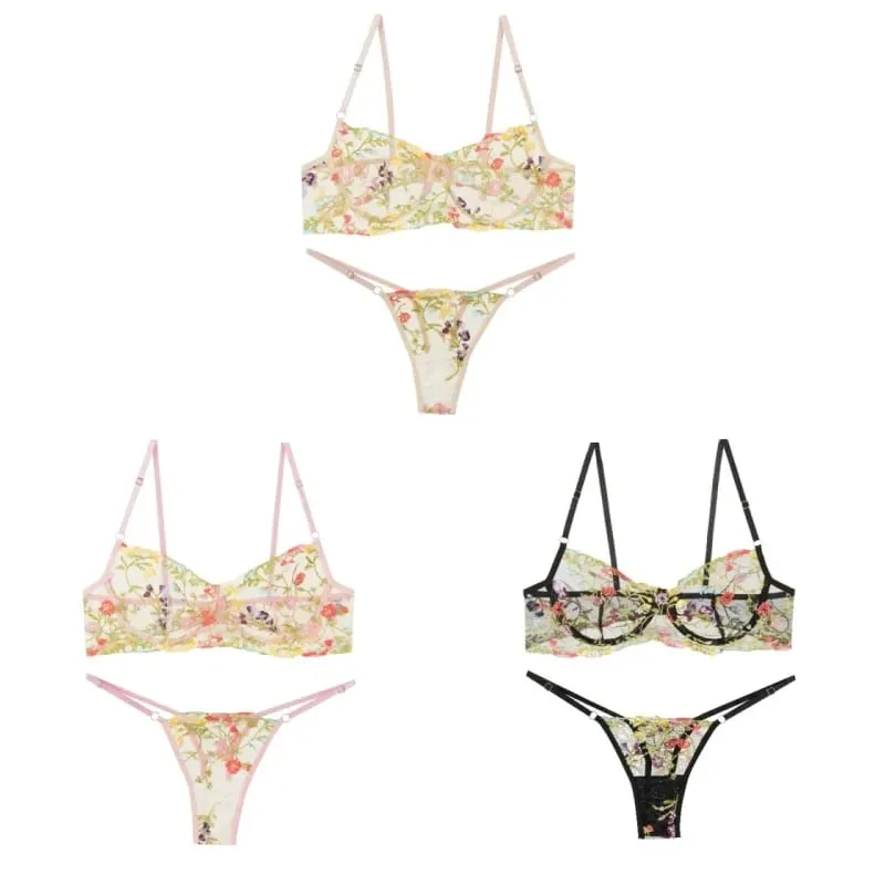 Women's New Sexy Embroidered Floral Lingerie Set Single-Layer Underwire Bra Thong Pants Hollow Transparent Out Lingerie Set