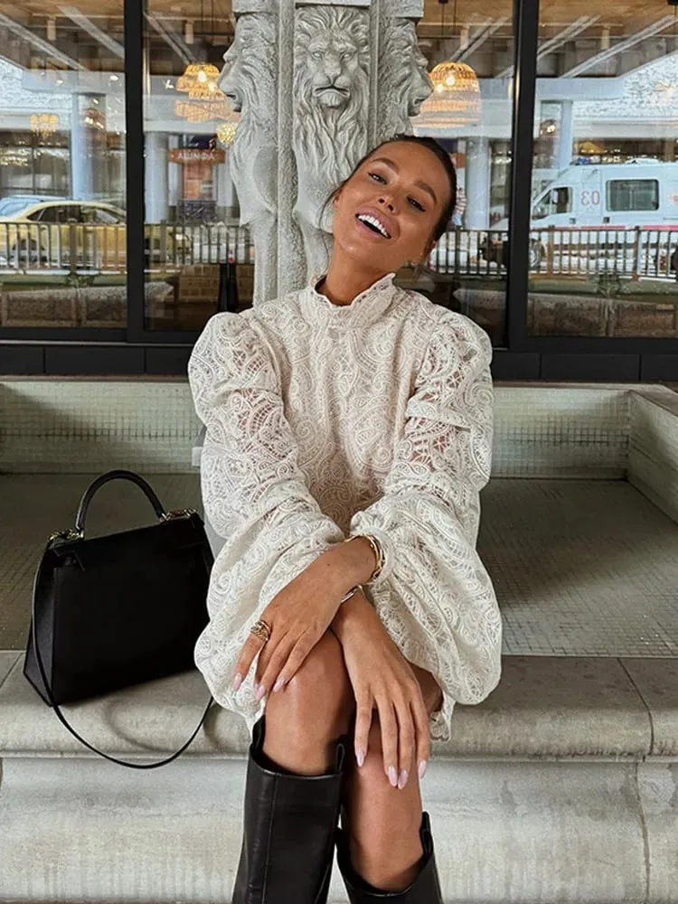White Lace Long Flare Sleeve Top Skirt Suit Women Fashion High Waist Round Neck Mini Skirts Set Casual Party Holiday Outfit New