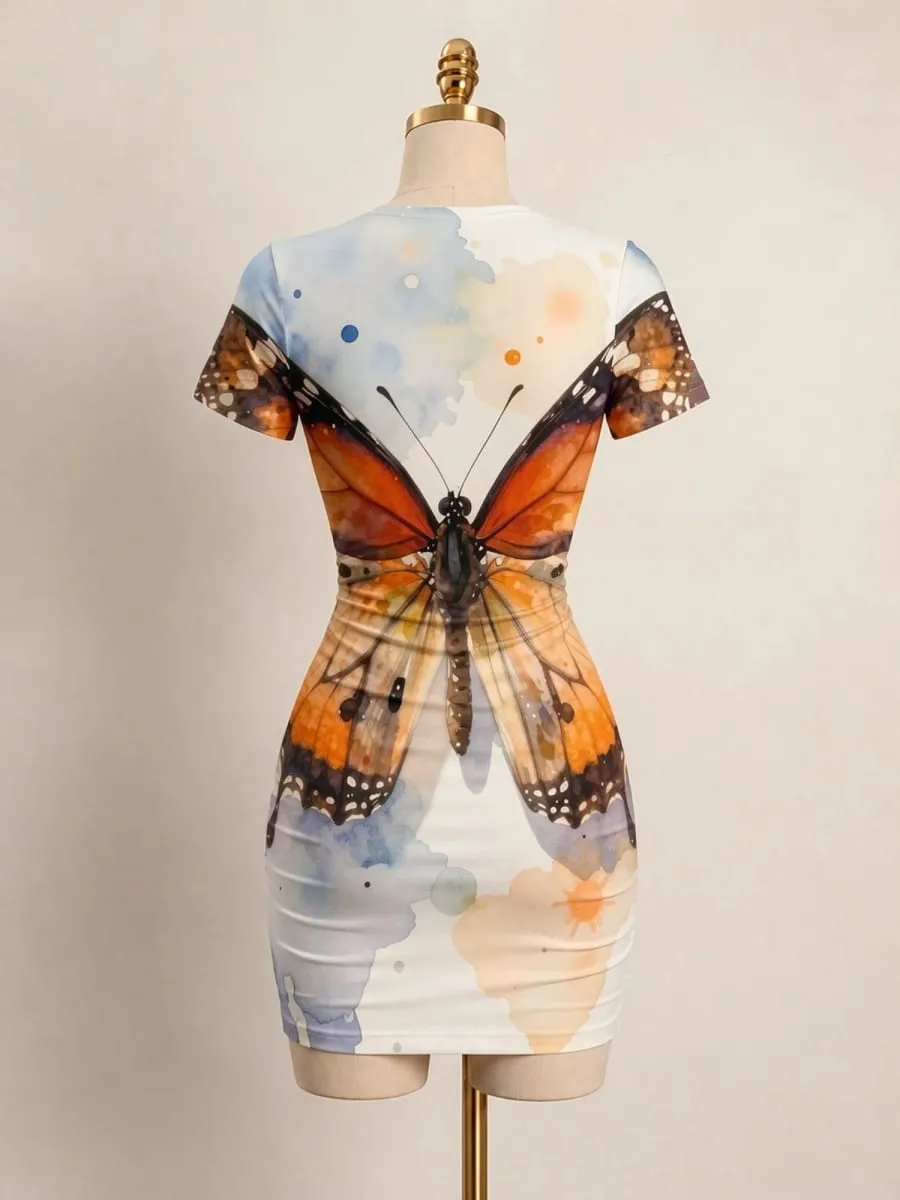 Womens Short Sleeve Bodycon Mini Dress Slim Fit Crew Neck Floral Print Casual Summer Party Cute Smooth Holiday Vacation Sundress