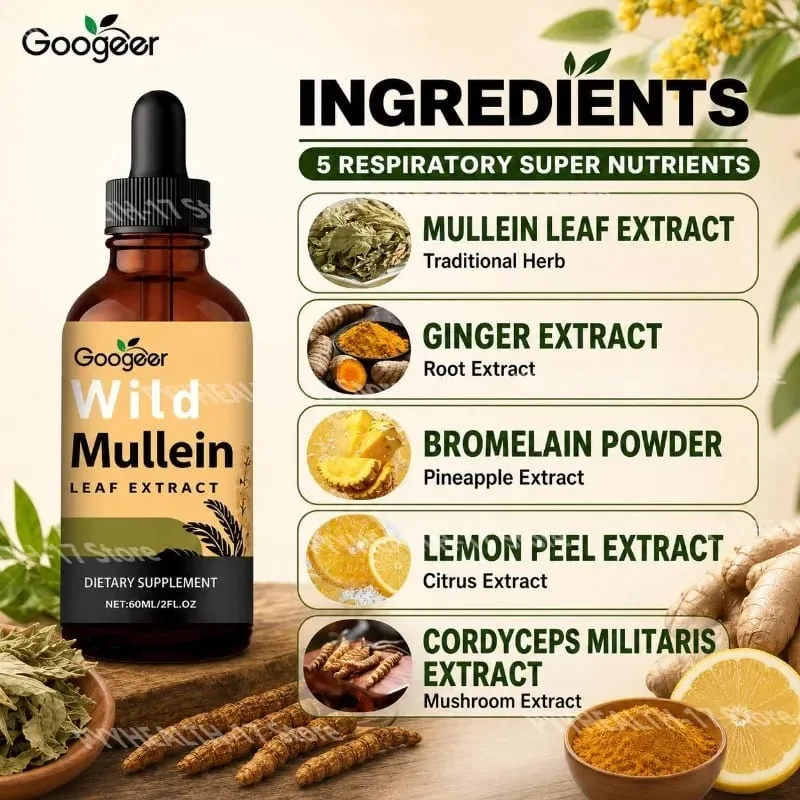 Extracto de hoja de gordolobo salvaje de Googeer, soporte respiratorio líquido, extracto de cáscara de limón y jengibre, extracto de bromelina y Cordyceps, 60 ML
