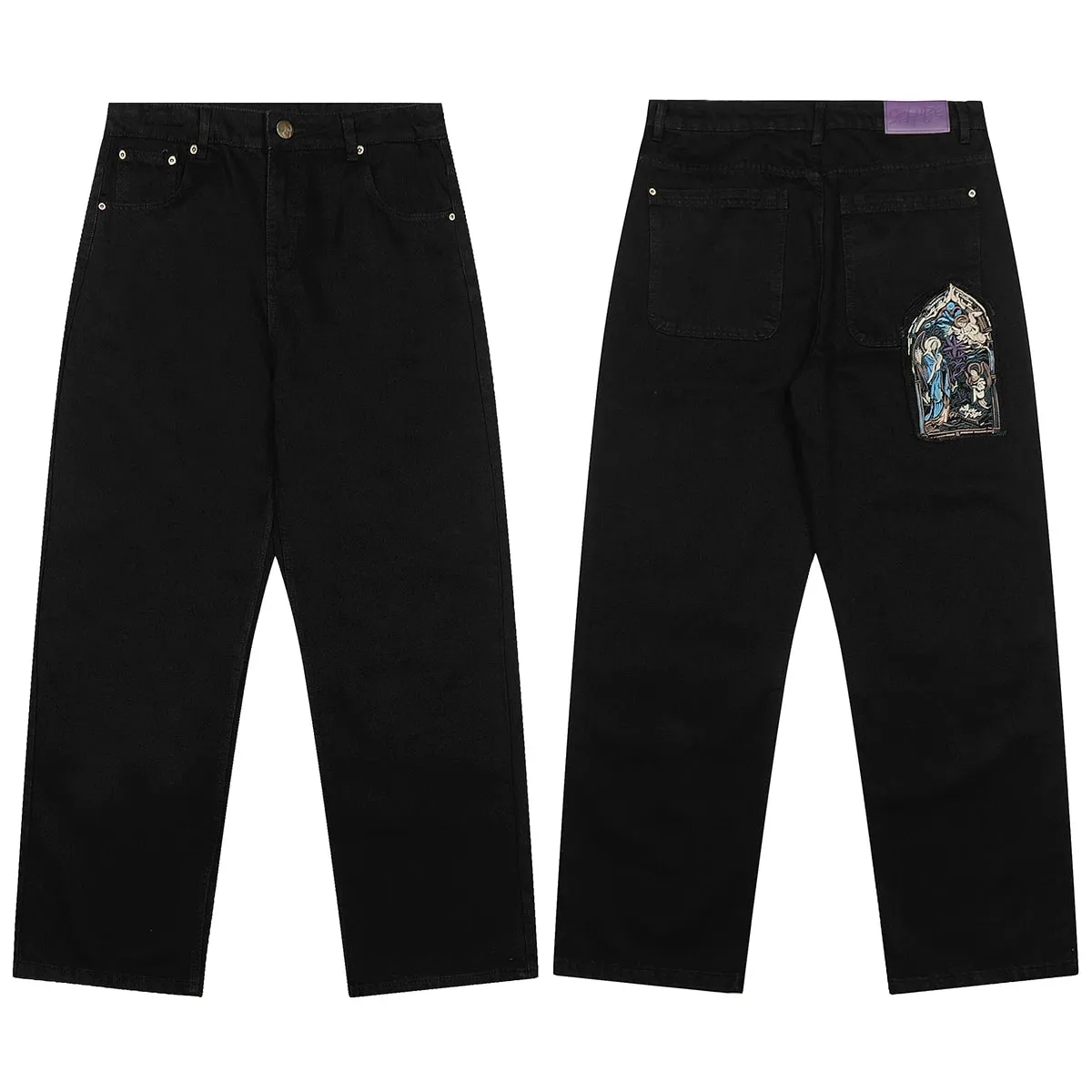 High Street Flower koi Fish Embroidery Baggy Jeans Pants for Men and Women Pantalones Hombre Straight Denim Trousers Oversized