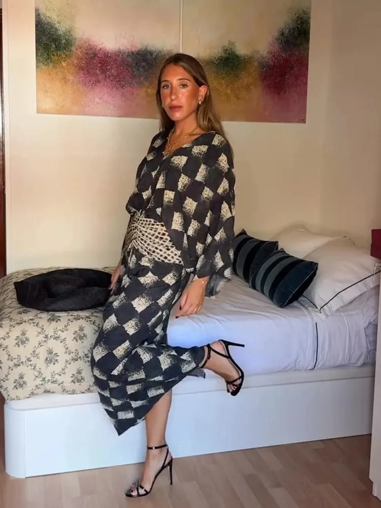 Women Dress Printed V-Neck Batwing Sleeve Cinched Waist Maxi Dresses Loose Fit Flowy A-Line Skirt Elegant Beach Chic Outerwears