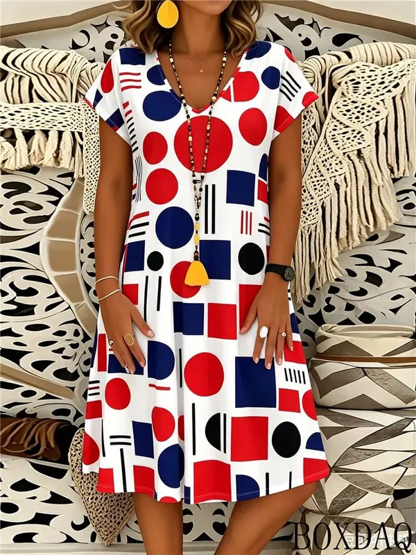 2026 Summer Fashion Geometric Pattern Printed Women's Dress Short Sleeve V-neck Casual Dresses