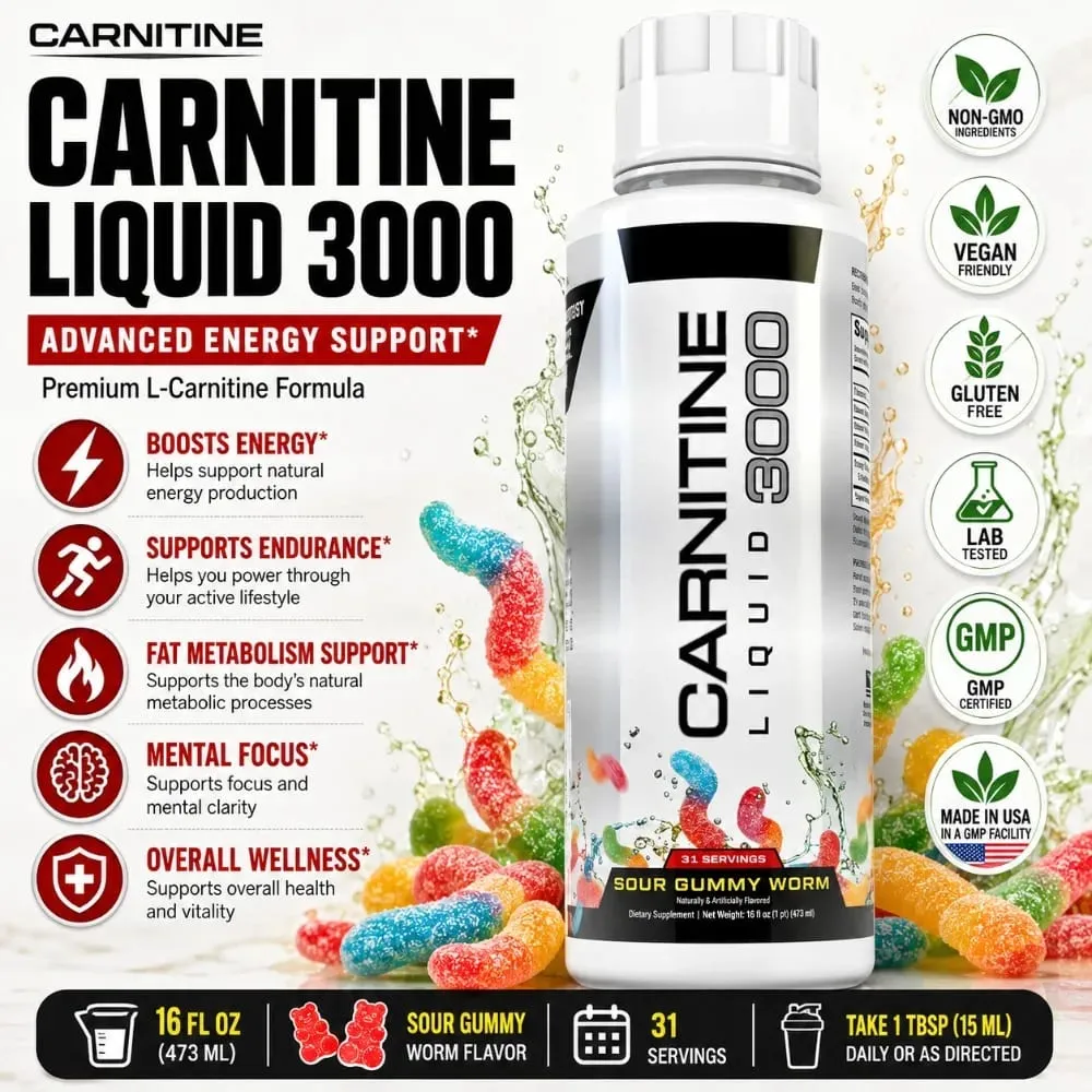 L-Carnitine Liquid 3000mg Sour Gummy Worm Flavor 31 Servings Fitness Supplement Amino Acid Drink Energy & Metabolism Support