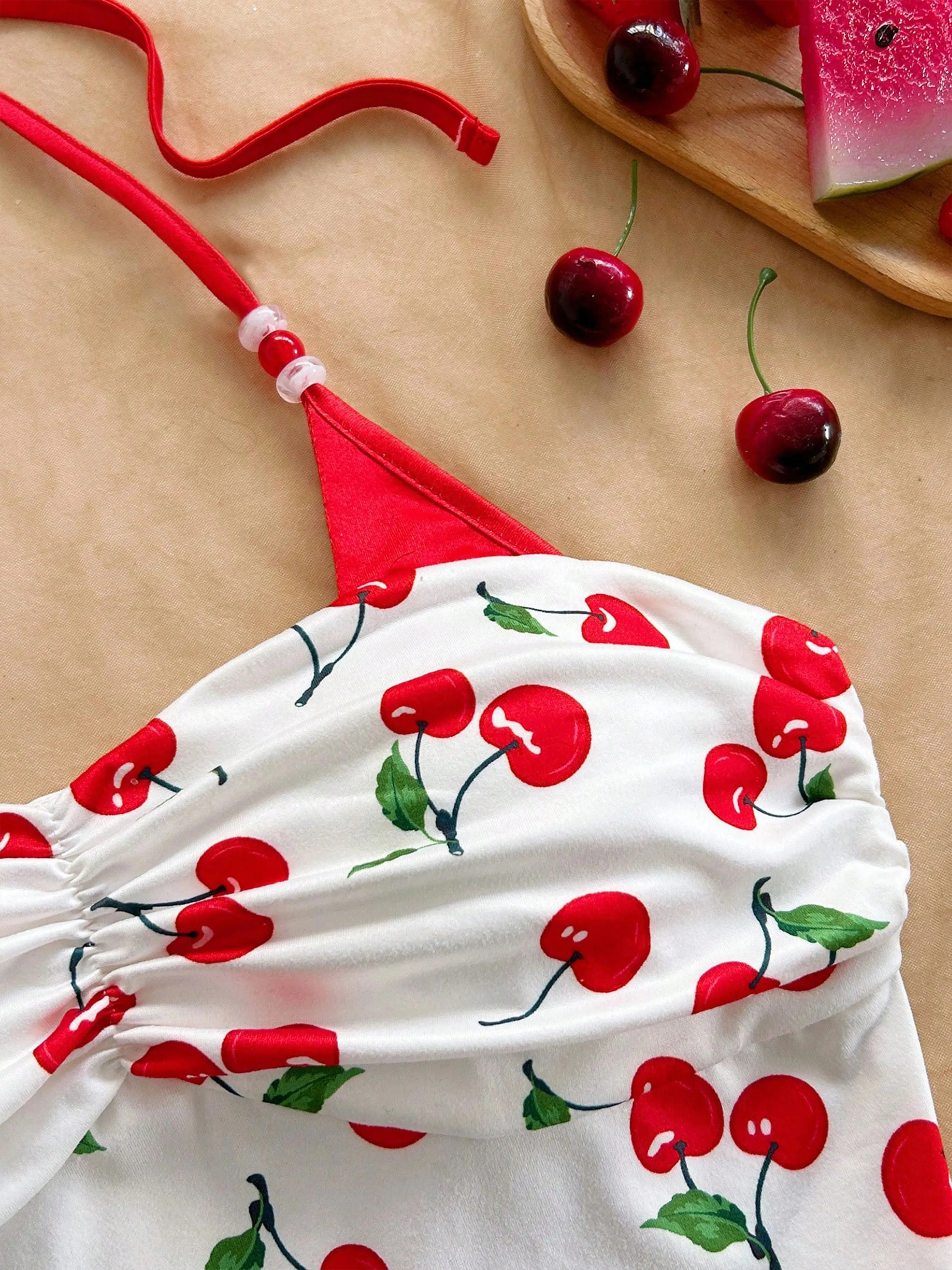 Women's Cherry Printed Color-blocking Beaded Halter Top Summer Beach Vacation Beach Party Summer Party