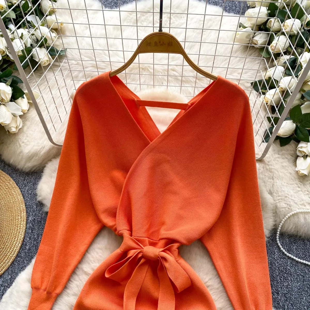 YuooMuoo Women Dress 2026 Autumn Winter V-neck Slim Waist Wrap Hips Knitted Short Dress Streetwear Lady Vestidos
