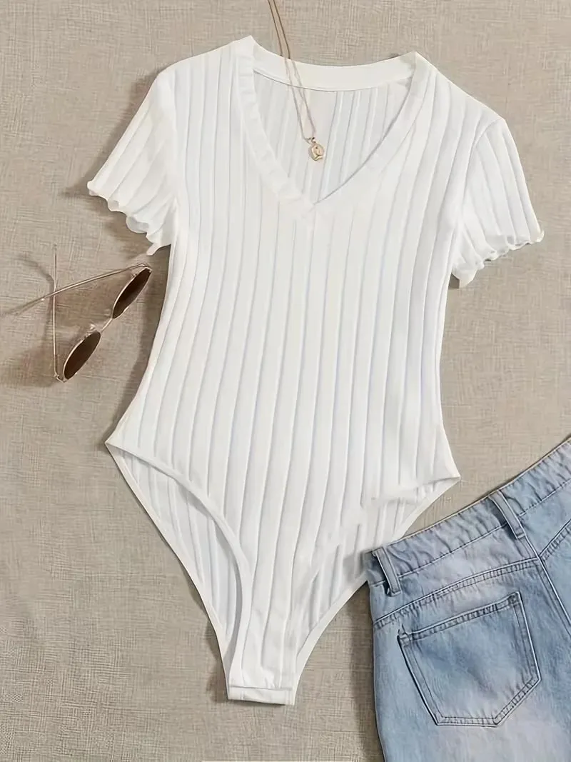 Lettuce Trim Ribbed Bodysuit Women's Sleeveless High Waist Bottom Control Shapewear for Slimming Effect