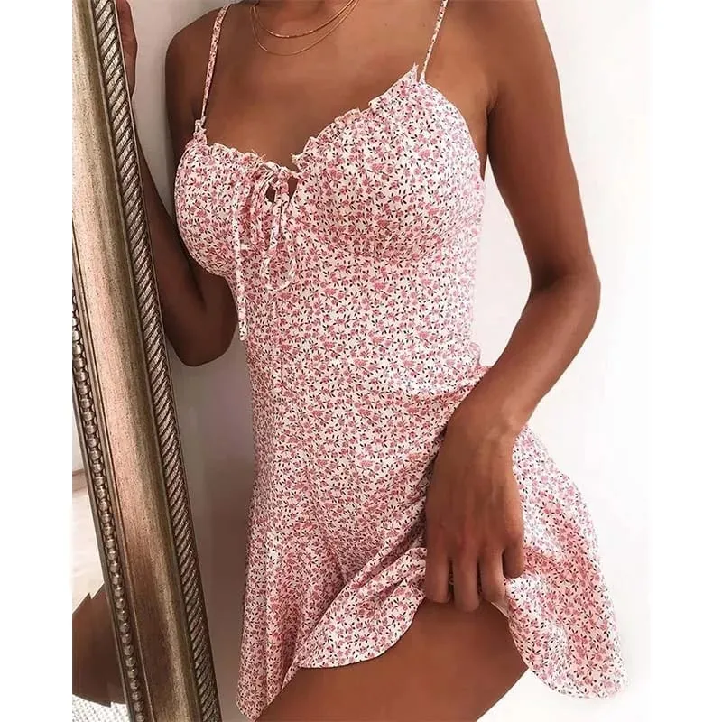 Μίνι φορέματα με floral print A Line Sexy Lady Dating Camisole Στράπλες Φόρεμα χωρίς πλάτη Boho Solid Beach Clothing