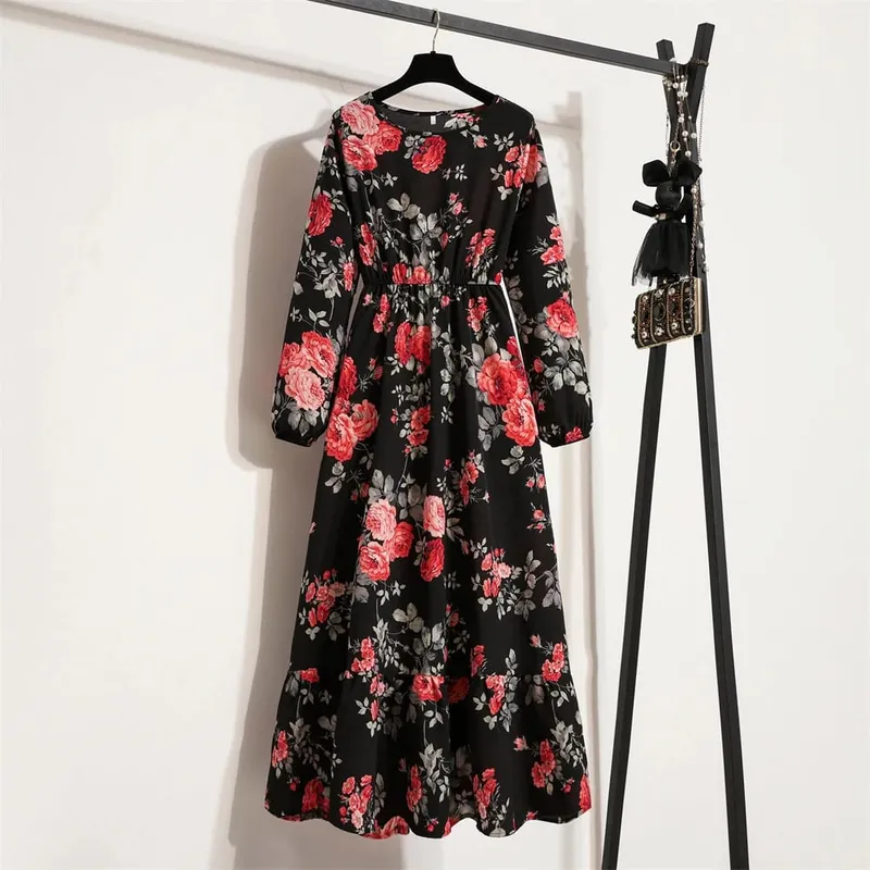 Spring Summer Women Maxi Dresses Casual Full Sleeve Floral Printed O-neck Woman Bohe Beach Party Long Dress Mujer Vestidos