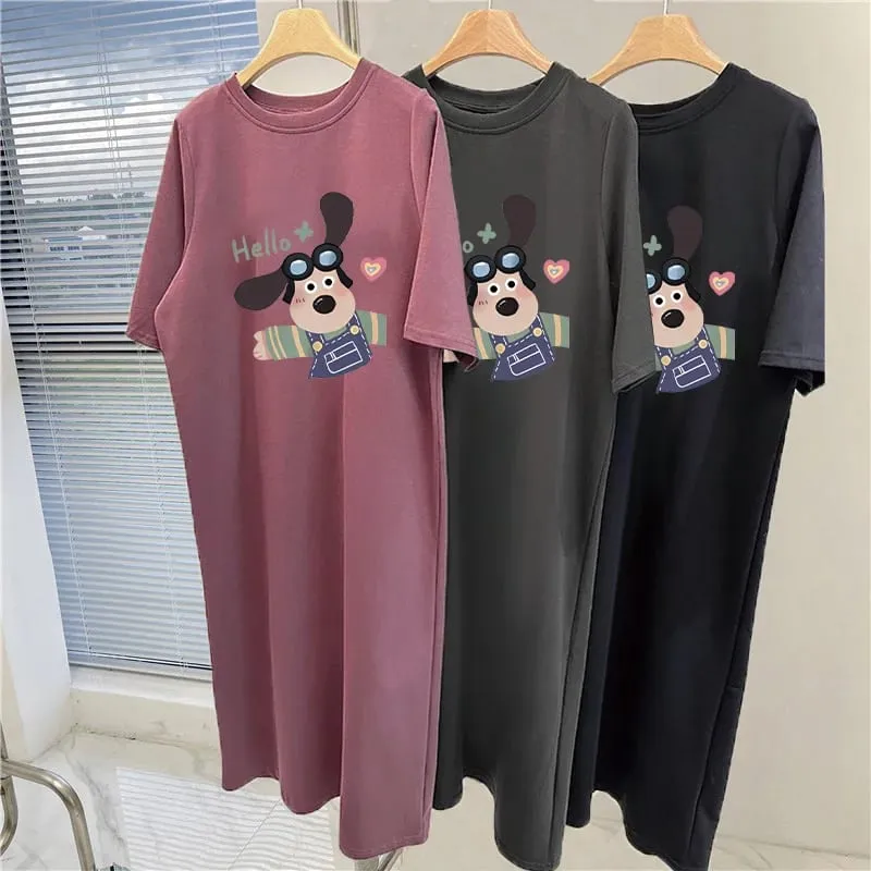 Cute Cartoon Dog Print T-Shirt Dress Women Loose Short Sleeve Split Casual Midi Dress