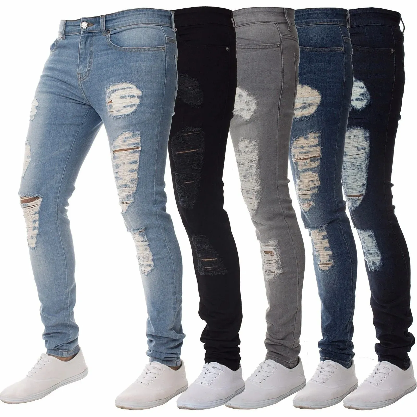 Men High Waist Black Ripped Skinny Jeans Fashion Hole Design Trendy Casual Denim Long Trousers